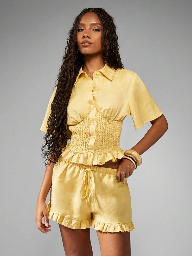 MISSGUIDED Summer Lemon Ruffle Trim Smocked Waist Button Front Coordinated Set Festival Vacation Beach Resort Wear | SHEIN