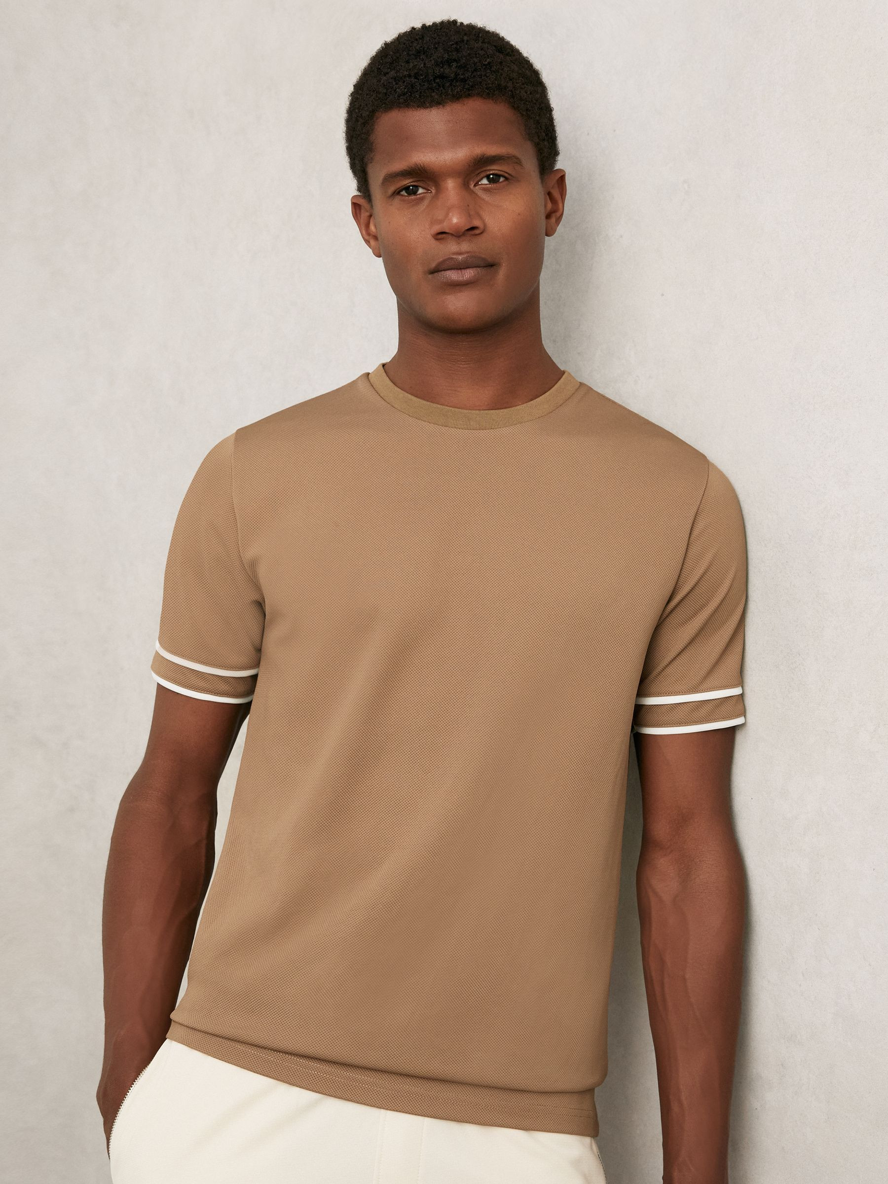 Textured Crew-Neck Tipped T-Shirt in Camel Brown | Reiss US