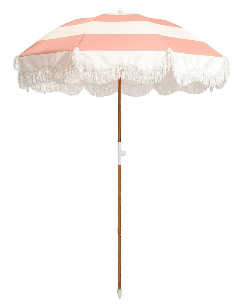 Business & Pleasure Co. Holiday Umbrella - Boho Beach Umbrella with White Fringe, UPF 50+, 1" Til... | Amazon (US)