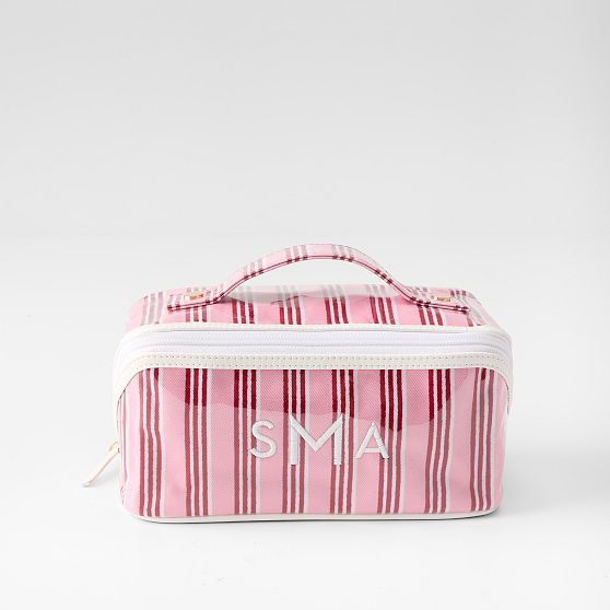 Clear Coated Diamond Cosmetic Pouch, Pink-Red Stripe | Mark and Graham