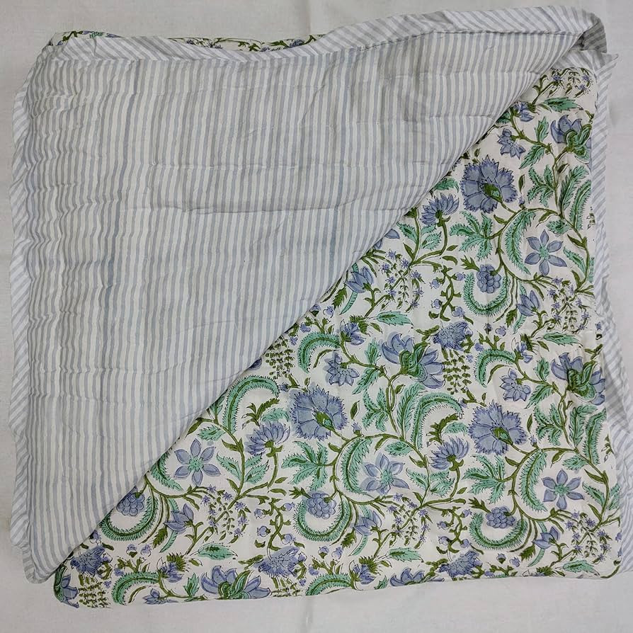 Ridhi Cotton Reversible Quilt Hand Block Printed Queen 90 x 96 Columbia Blue Soft Lightweight Bla... | Amazon (US)