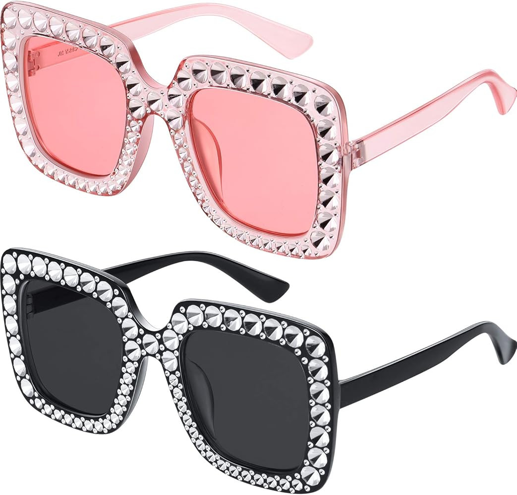 Frienda 2 Pieces Oversize Square Sparkling Sunglasses Retro Thick Frame Sunglasses | Amazon (US)