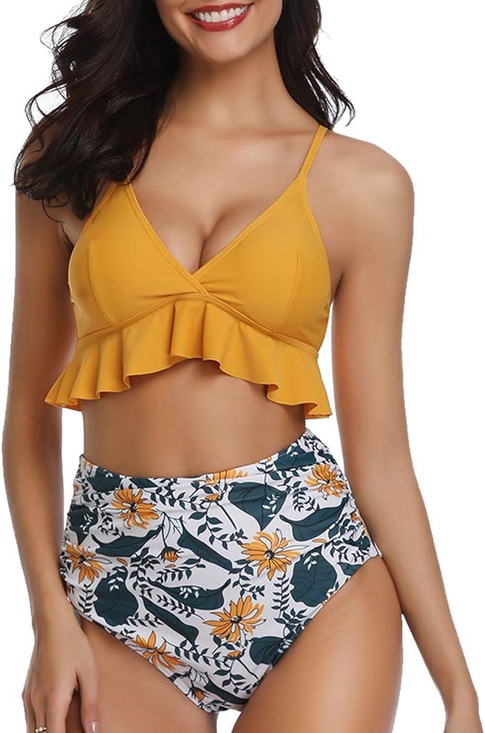 Tempt Me Women Two Pieces High Waisted Ruffle Bikini Set V Neck Printed Swimwear | Amazon (US)