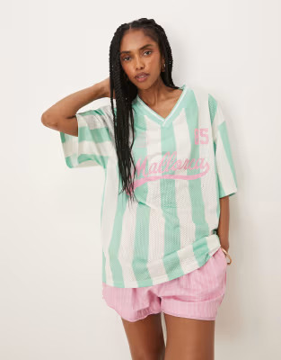 ASOS DESIGN oversized v neck football t-shirt with mallorca graphic in green stripe | ASOS | ASOS (Global)
