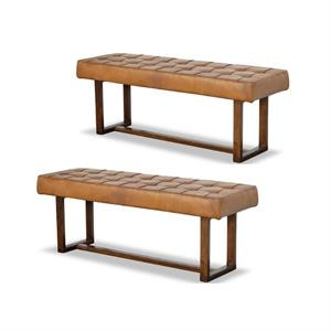 Home Square 2 Piece Mid Century Modern Genuine Leather Bench Set in Espresso | Homesquare