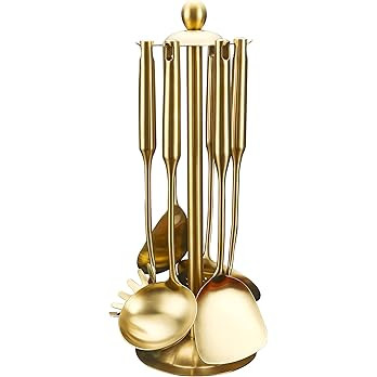 304 Stainless Steel Cooking Utensils Set,7 PC Gold Kitchen Utensils Set with Utensil Holder,Spatu... | Amazon (US)