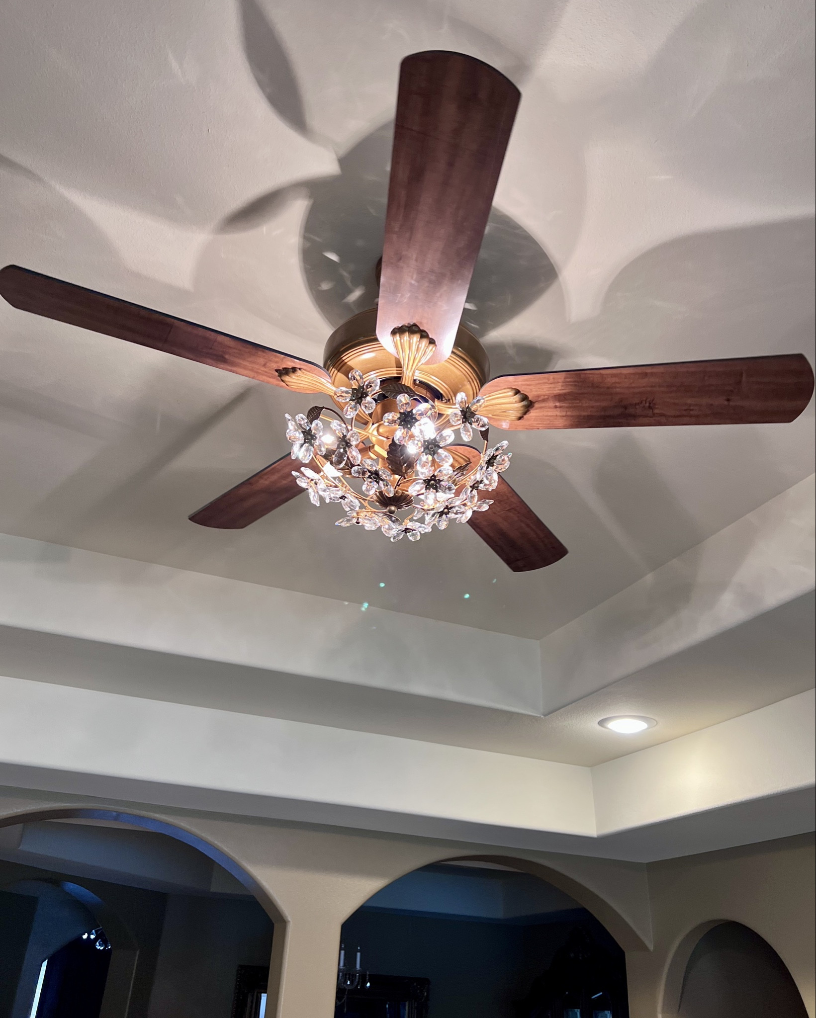 Antique gold chandelier ceiling fan
Living room
Crystal flower
Leaves detail
Grandmillenial 
Light fixture 

#LTKHome
