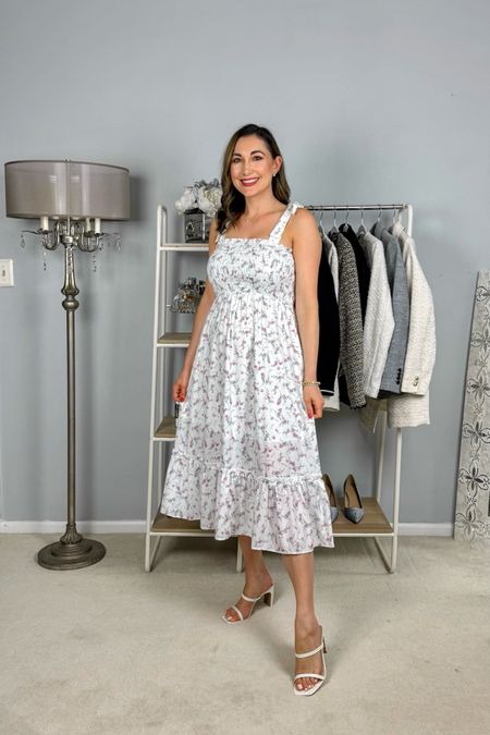 Floral midi dress giving all the love shack fancy vibes 🩷 Best part is it’s under $50!! 

Wearing size small, TTS
White heeled sandals size 7, TTS

Summer outfit 
Summer dress 
Floral dress 
Vacation outfit 
Picnic outfit  

#LTKShoeCrush #LTKFindsUnder50 #LTKSeasonal