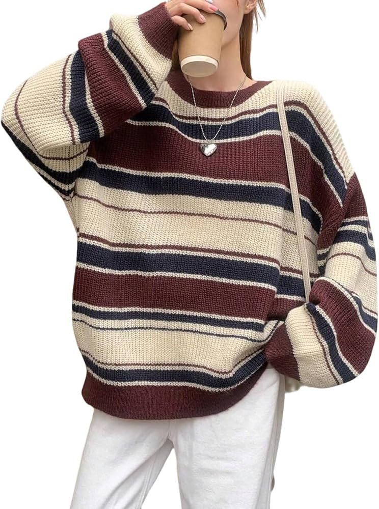 CHARTOU Women Color Block Sweater Preppy Style Chunky Knit Striped Pullover Sweater | Amazon (US)