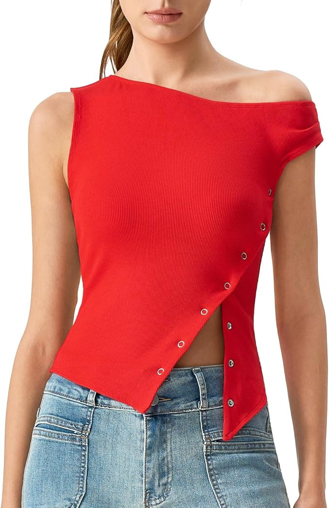 QINSEN Womens Off Shoulder Asymmetrical Tops Diagonal Button-up Closure Split Hem Cropped T Shirt... | Amazon (US)