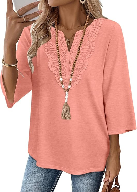 WIHOLL 3/4 Length Sleeve Womens Tops Boho V Neck Lace Shirt Trendy Blouses Dressy Casual Vacation... | Amazon (US)