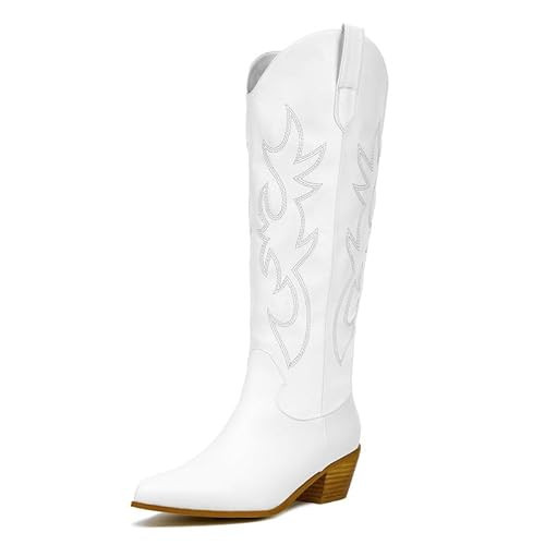 citsanos White Cowboy Boots for Women Knee High Cowgirl Boots Chunky Stacked Low Heel Side Zipper Embroidery Western Boots Almond Shaped Pointed Toe Classic Casual Fashion,10 | Amazon (US)