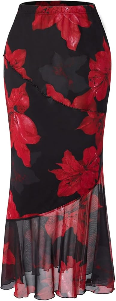 Verdusa Women's Floral Print High Waist Bodycon Ruffle Hem Fishtail Long Skirt | Amazon (US)