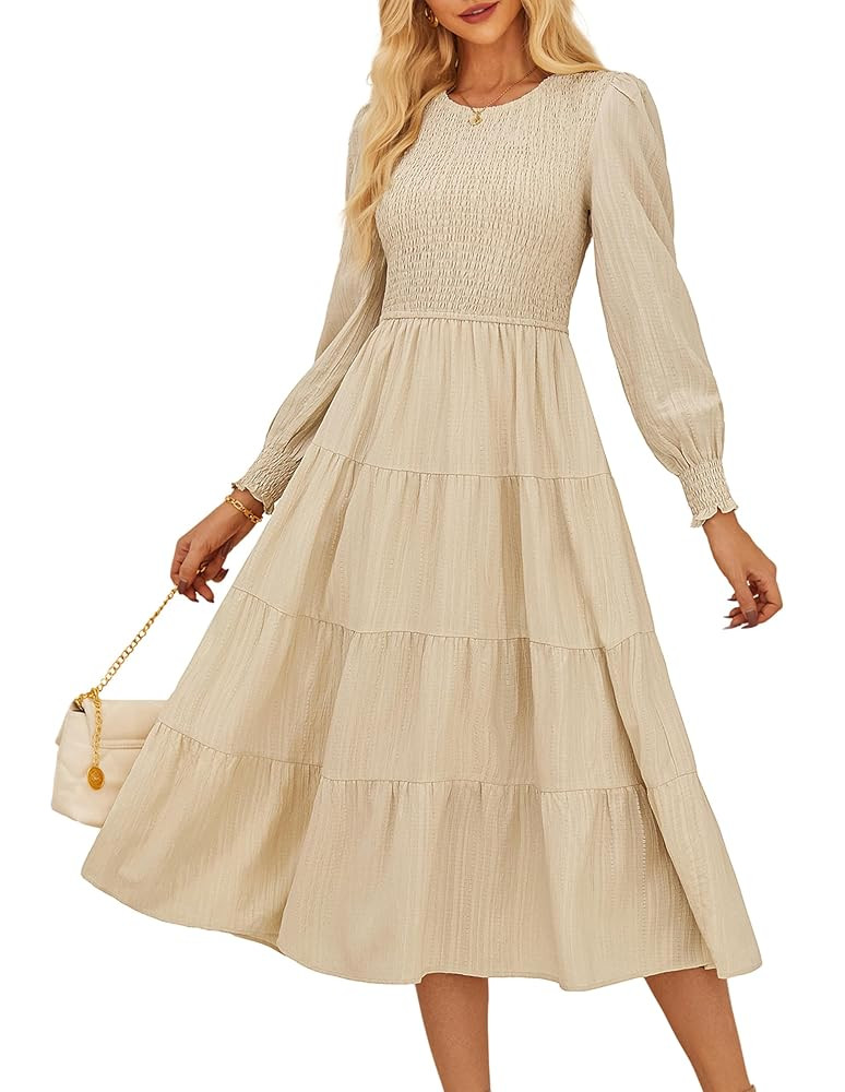 GRACE KARIN Women's Long Sleeve Dress 2025 Fall Smocked Tiered A Line Casual Work Midi Flowy Chur... | Amazon (US)