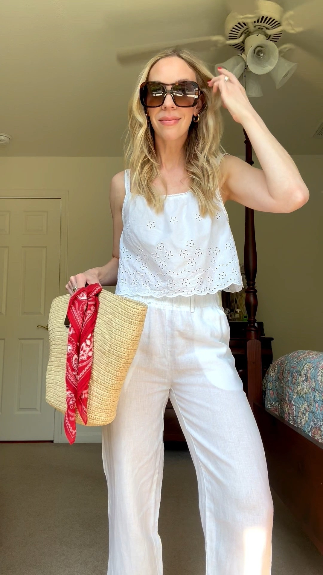 All white summer outfit, European summer, @Quince white linen pants, eyelet top, jelly shoes, Le Tanneur straw tote

#LTKOver40 #LTKSeasonal #LTKTravel
