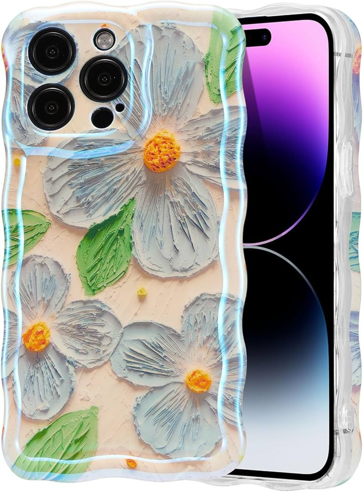 EYZUTAK Case for iPhone 15 Pro, Colorful Retro Oil Painting Flower Leaf Laser Glossy Pattern Cute... | Amazon (US)