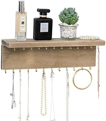 Byher Wall Mounted Jewelry Organizer with 24 Hooks - Rustic Wood Shelf Jewelry Display - Storage ... | Amazon (US)