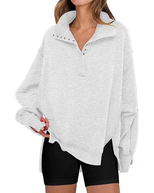 ANRABESS Women's Sweatshirts Oversized Casual Loose Button Up Henley Pullover Top High Low Split ... | Amazon (US)
