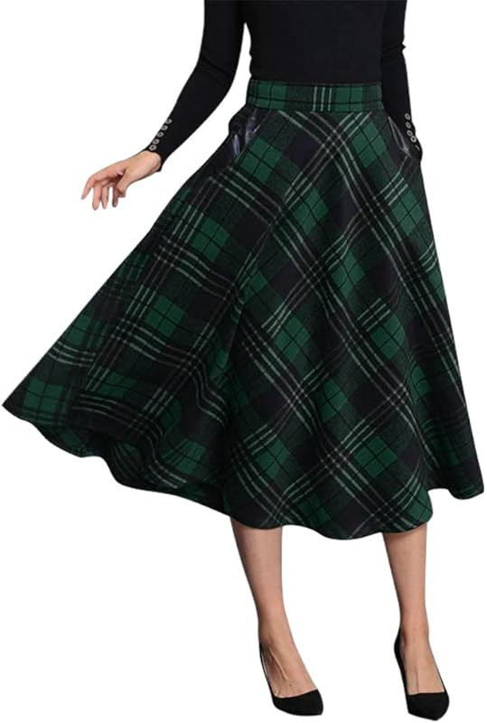 IDEALSANXUN Womens High Elastic Waist Maxi Skirt A-line Plaid Winter Warm Flare Long Skirts | Amazon (US)