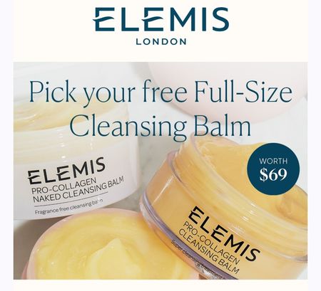 Enjoy a deluxe deal: get a FREE full-size Pro-Collagen Cleansing Balm of your choice with every $125+ purchase.*Choose From: Pro-Collagen Cleansing BalmPro-Collagen Rose Cleansing BalmPro-Collagen Naked Cleansing BalmUse code: BALMSkin care, cleansing balm, Elemis London Skincare, over 40 beauty, cleanser, free gift with purchase 

#LTKOver40 #LTKBeauty #LTKSummerSales