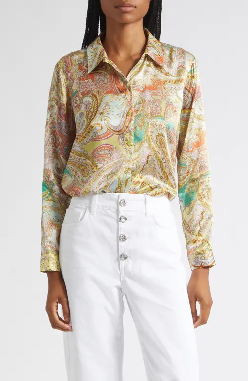 L'AGENCE Tyler Paisley Silk Button-Up Top in Green Multi Cluster Paisley at Nordstrom, Size Medium | Nordstrom