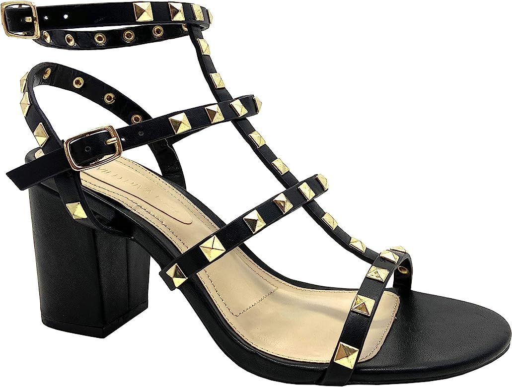 Womens Pointy Toe Gold Stud Strappy Ankle T-Strap Stiletto Heel Pump Sandal | Amazon (US)