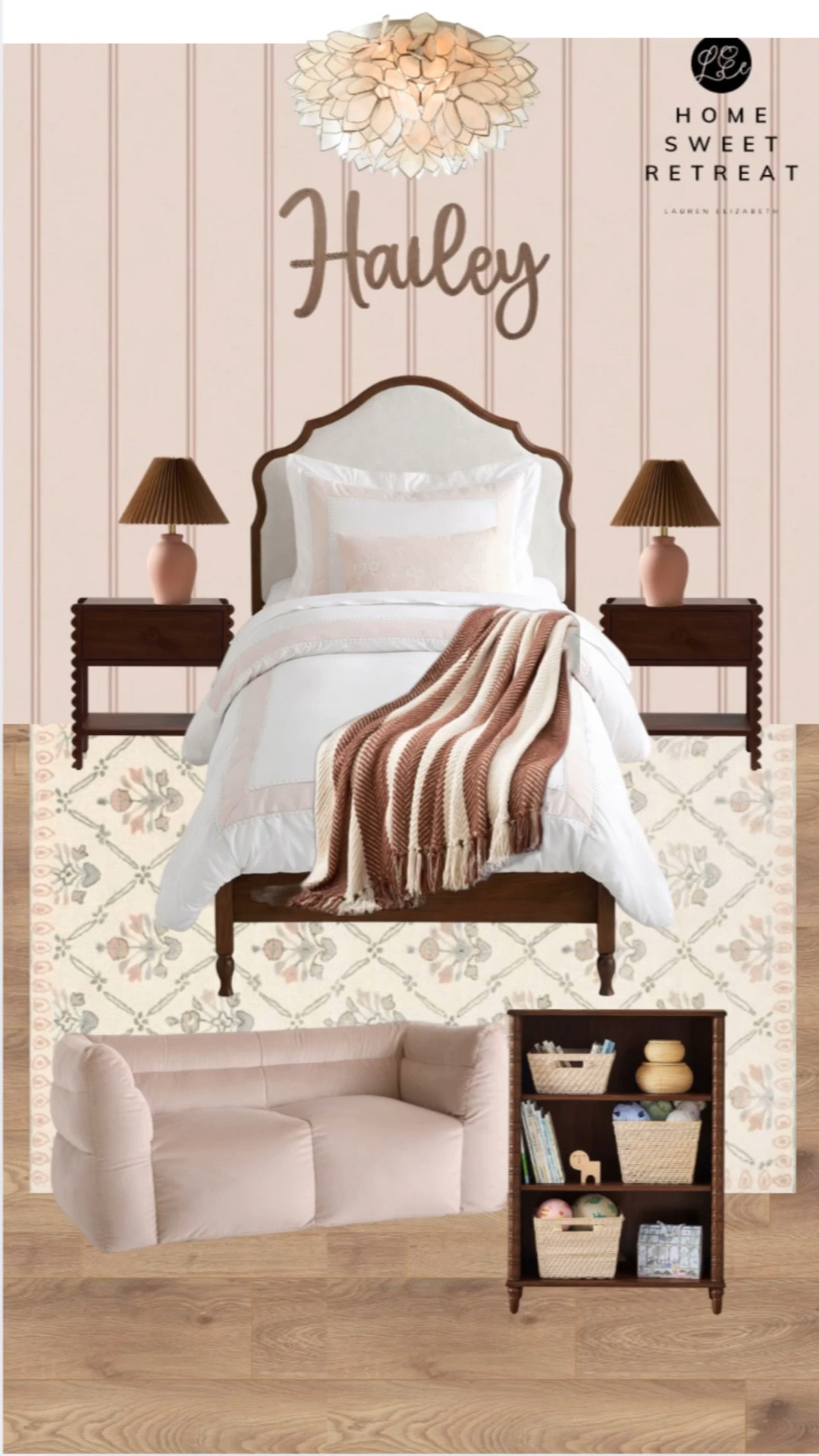 This girls room features blush tones and dark warm woods- creating a sweet yet sophisticated feel.

Most kids’ rooms start with a theme.
I start with intention.

When you focus on scale, tone, and pieces that can grow with them, the room feels designed. Not just trendy for one season.

This approach saves money, avoids constant redecorating, and creates a space that actually works long term. 