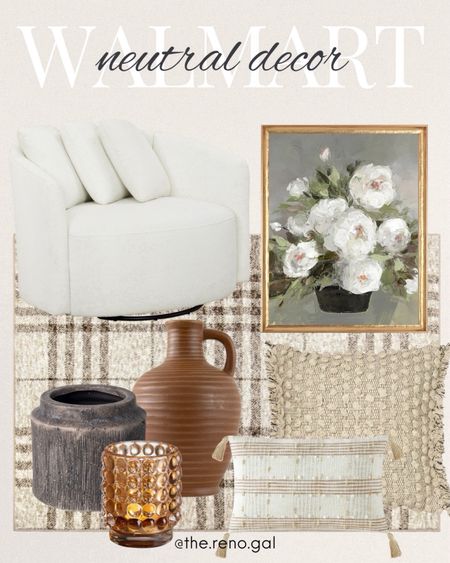 Beautiful and affordable neutral decor from Walmart! What amazing decor finds. 

White swivel chair, vintage flower art, tan pillow, beige pillow, textured pillow, beige and white plaid, pillow plaid, lumbar pillow plaid, pillow with tassels, brown ceramic vase, base with handle, black and brown organic vase, gold candle holder, tan plaid rug 



#LTKFindsUnder50 #LTKHome #LTKFindsUnder100