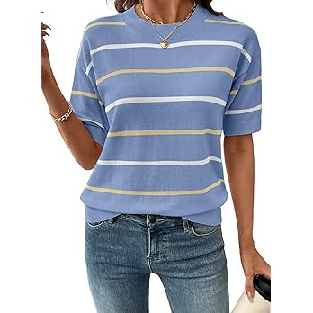 SHEWIN Womens Tops Crewneck Short Sleeve Sweater Pullover Knit Striped Shirt Spring Outfits for W... | Amazon (US)