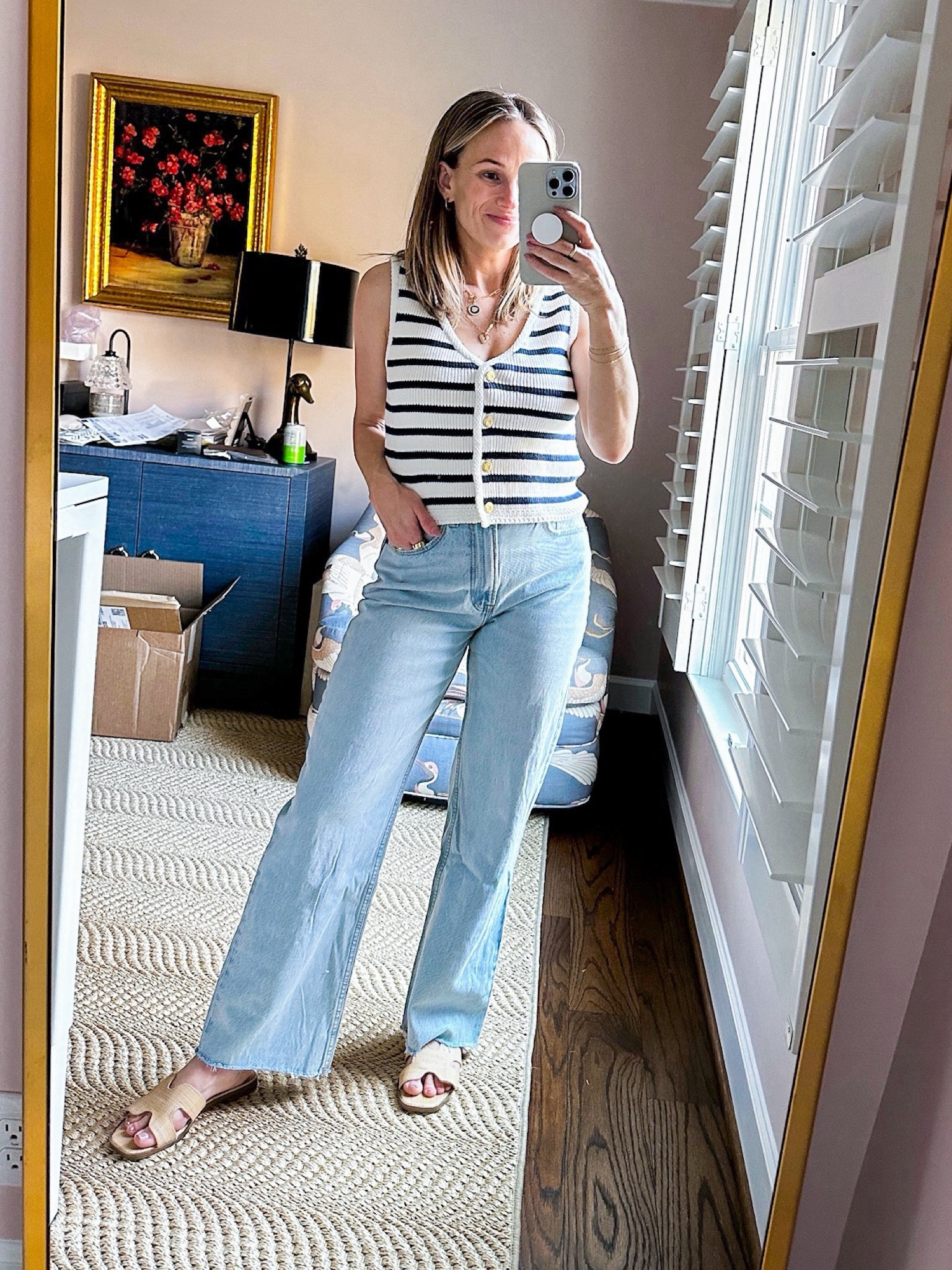 Cutest spring outfit. This sweater vest is a size SMALL and fits perfectly. Nursing-friendly too! The jeans are a 26 Short, and I am going to swap for the Curve Love so that there’s a little more room in the glutes. Sandals are Target — go down a 1/2 size.

#LTKfindsunder100#LTKSeasonal#LTKstyletip