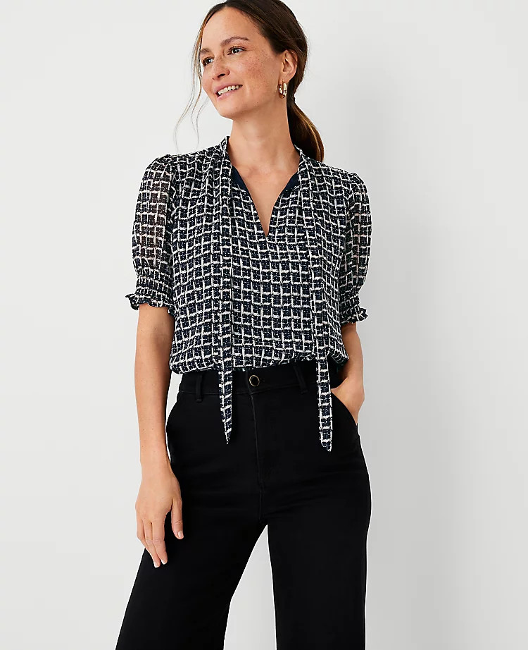 Geo Tie Neck Puff Sleeve Top | Ann Taylor (US)