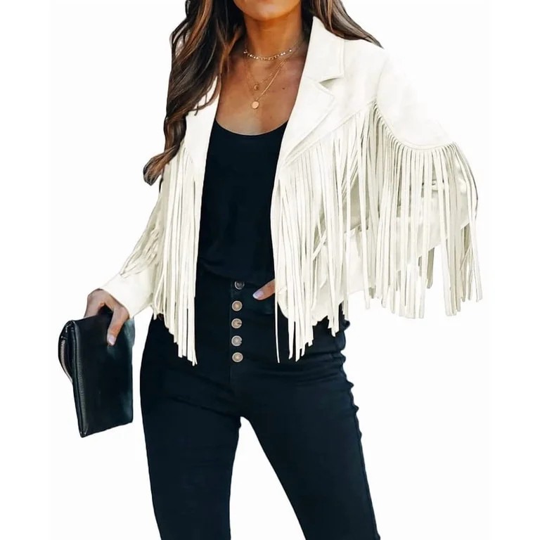 utcoco Women's Fashion Notched Collar Open-Front Fringed Performance Moto Faux Suede Leather Crop... | Walmart (US)