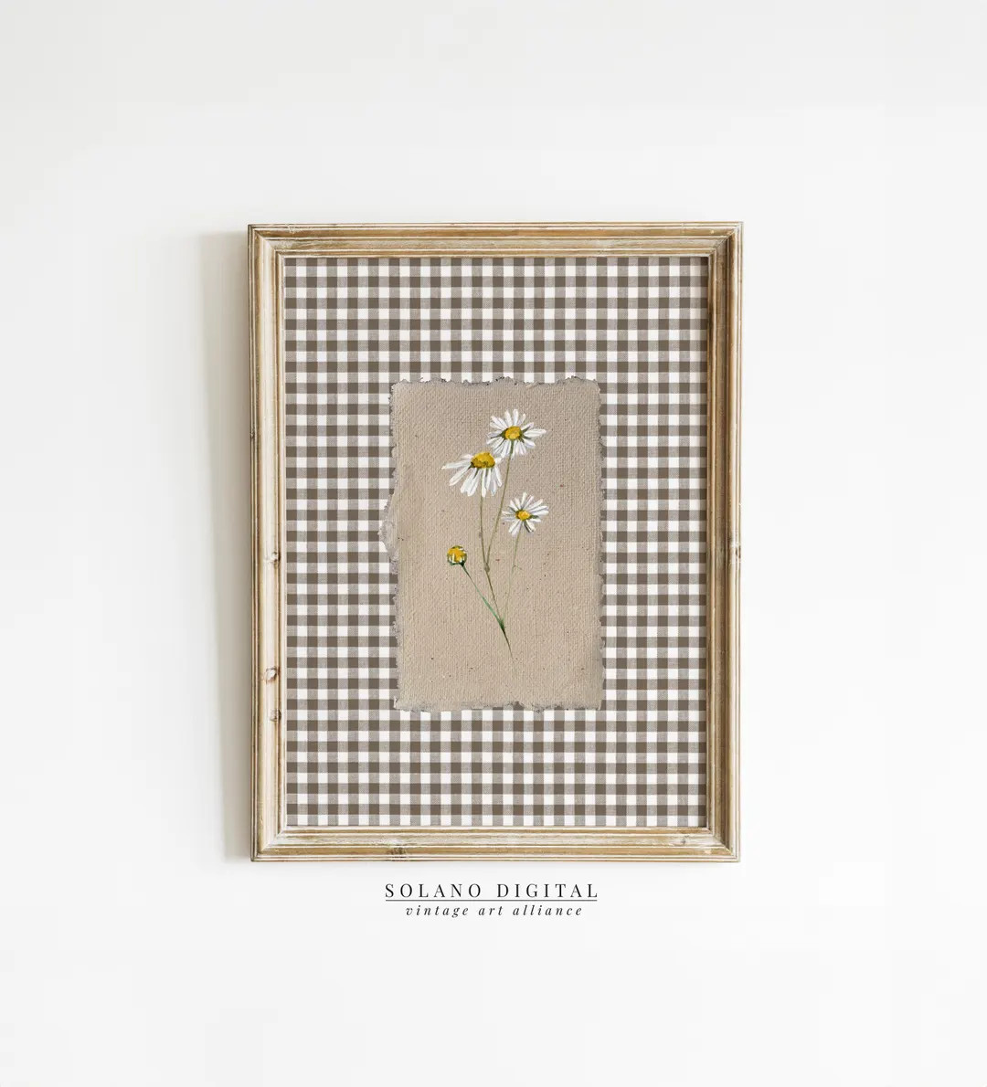 Brown Gingham Flower Print Digital Downloadable Wall Art Trendy Decor Vintage Floral Painting Pri... | Etsy (US)