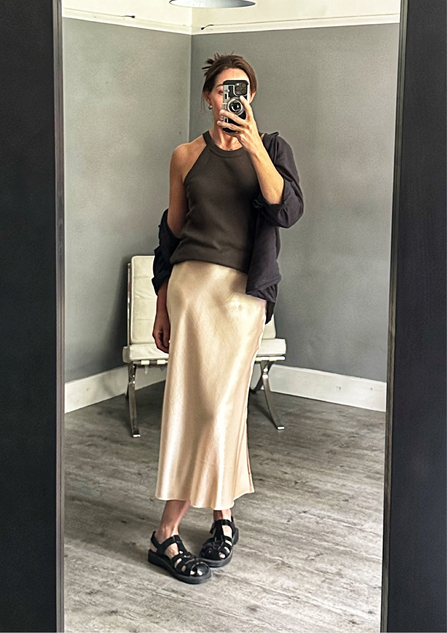 Simple cream satin skirt from Arket, a grey racer back vest and a black linen shirt - all topped off with black fishermen sandals x