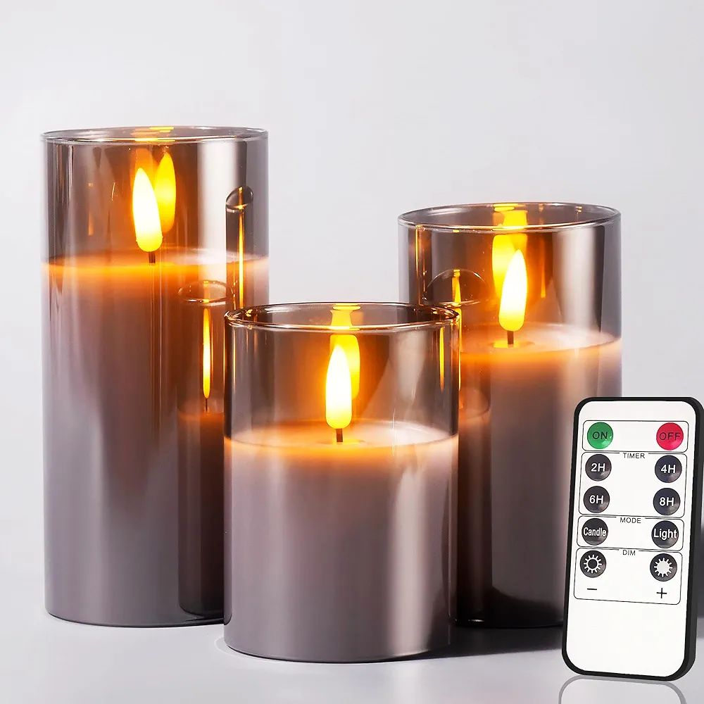 Glass Battery Operated LED Pillar Flameless Candles with10-Key Remote and Timer, Real Wax Candles... | Amazon (US)