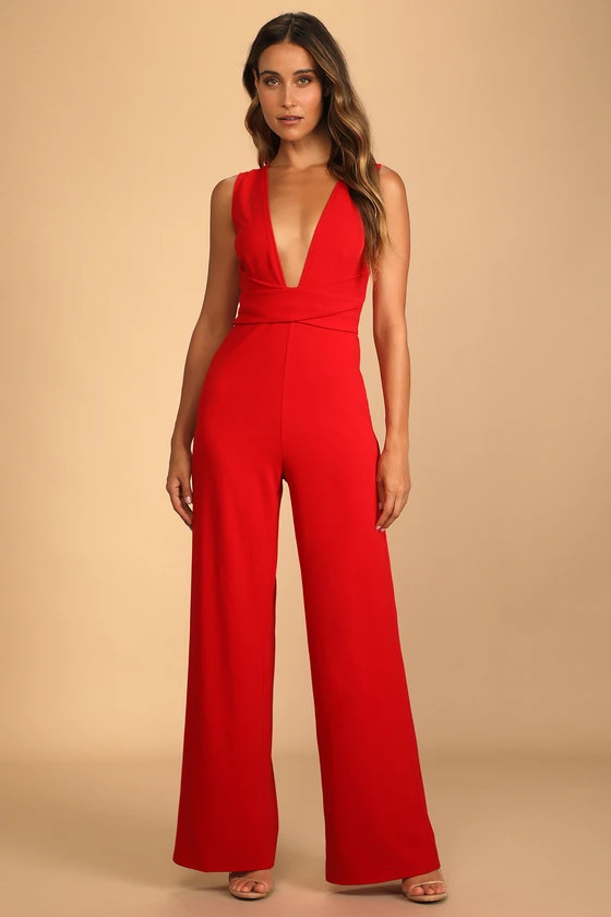 Make Memories Red Plunge Sleeveless Wide-Leg Jumpsuit | Lulus (US)