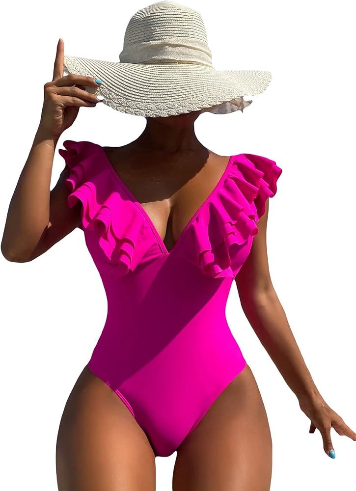 WDIRARA Women's Layered Ruffle Trim Deep V Neck One Piece Swimsuit Monokini Swimwear | Amazon (US)