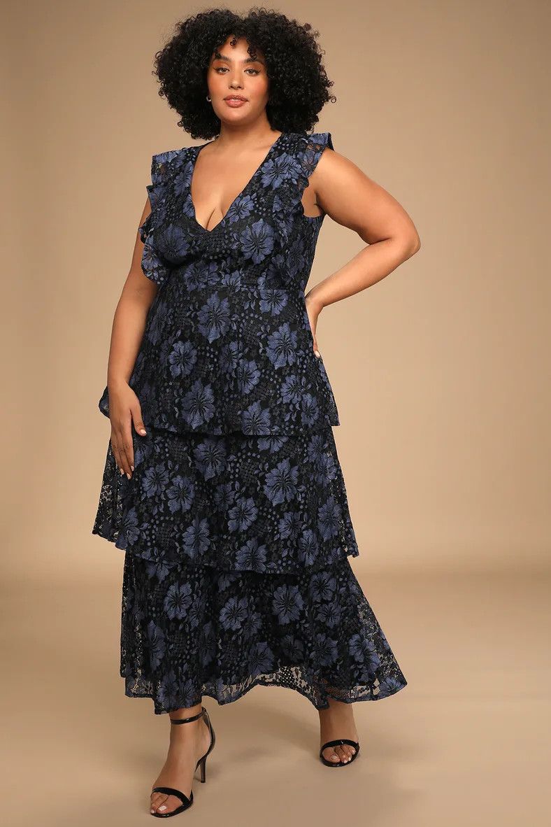 Molinetto Navy Blue Lace Ruffled Tiered Plus Size Wedding Guest Dress #LTKcurves #LTKSeasonal | Lulus (US)