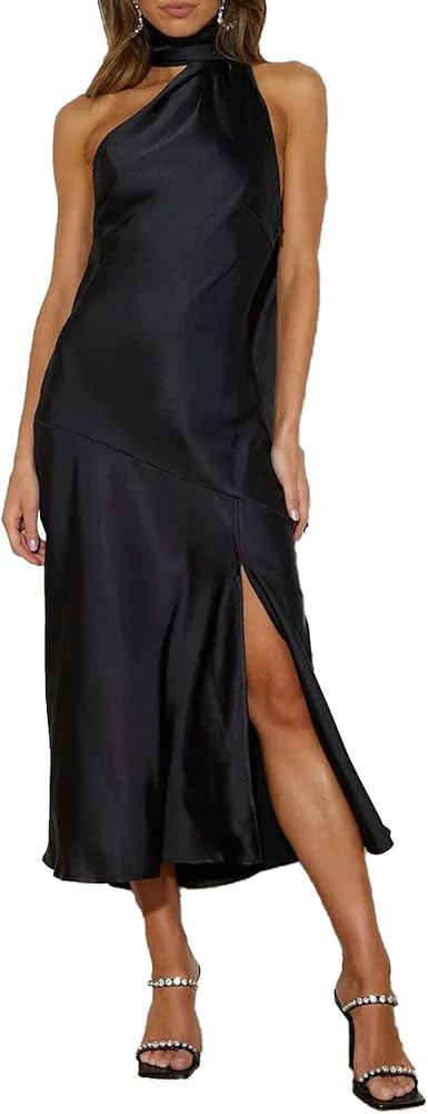 Sexyshine Women's Elegant Halter Tie Neck Sleeveless Satin Long Dress Backless Split Cocktail Par... | Amazon (US)
