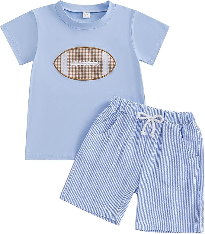 Toddler Baby Boy Football Outfit Summer Short Sleeve Smocked T-shirt Elastic Waist Gingham Shorts... | Amazon (US)