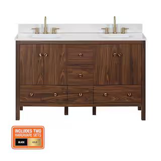 Rory 60 in W x 20 in D x 35 in H Double Sink Bath Vanity in Walnut With White Engineered Marble S... | The Home Depot