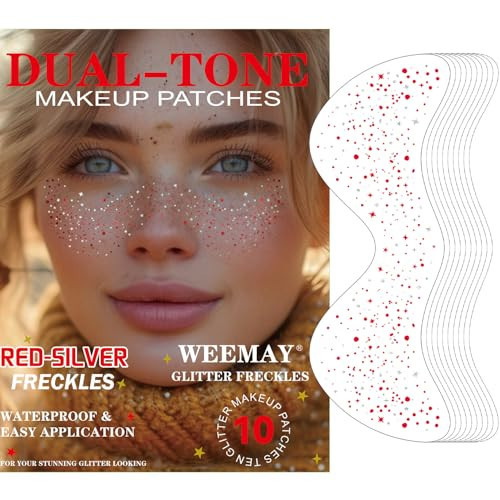 10 Pcs Red-Silver Dual-Tone Glitter Freckles, Double Colors Glitter Freckle Face Tattoo, Face Sparkle Temporary Tattoo, Long-Lasting 48h Freckles for Christmas | Amazon (US)