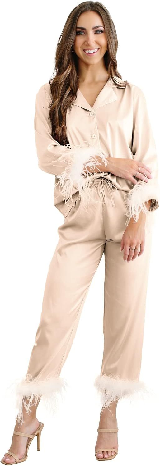 Belle's Design Women's Feather Trim Silk Satin Pajama Button Down Long Sleeve and Pants Set Sleep... | Amazon (US)