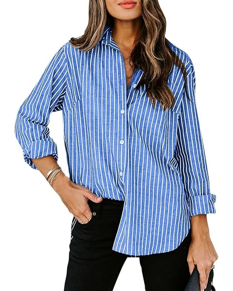 siliteelon Womens Button Down Shirts Cotton Striped Dress Shirt Long Sleeve Collared Office Work ... | Amazon (US)