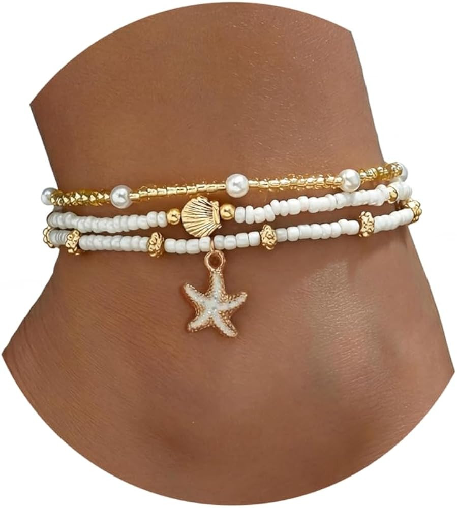 Bead Ankle Bracelets Set For Women, Adjustable Gold Plated Boho Shell Anklet, Hawaiian Beach Seas... | Amazon (US)