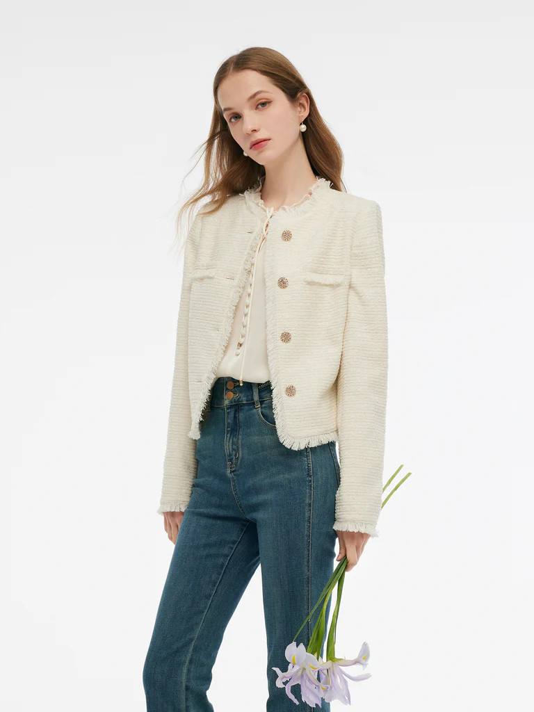 Tweed Collarless Women Crop Jacket | GOELIA