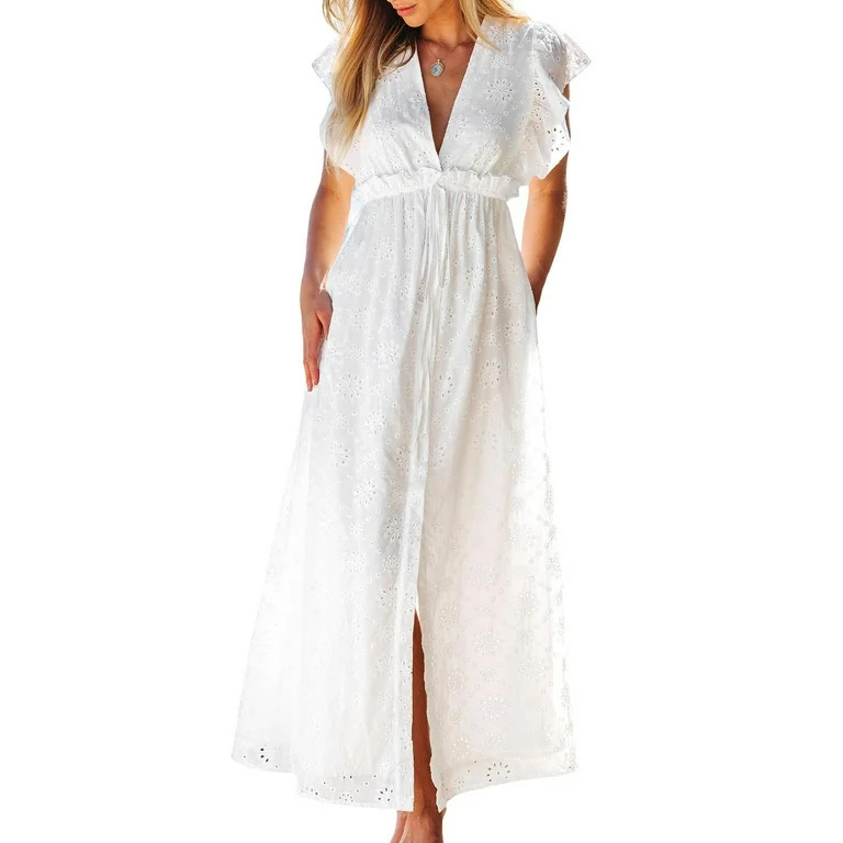 CUPSHE Women's White Eyelet Dress Plunging Short Flutter Sleeves Empire Waist with Tie Partial Fr... | Walmart (US)