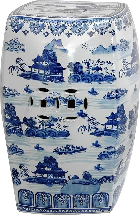 Oriental Furniture 18" Square Landscape Blue & White Porcelain Garden Stool | Amazon (US)