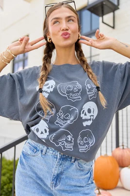 Skulls Charcoal Oversized Graphic Tee | Pink Lily
