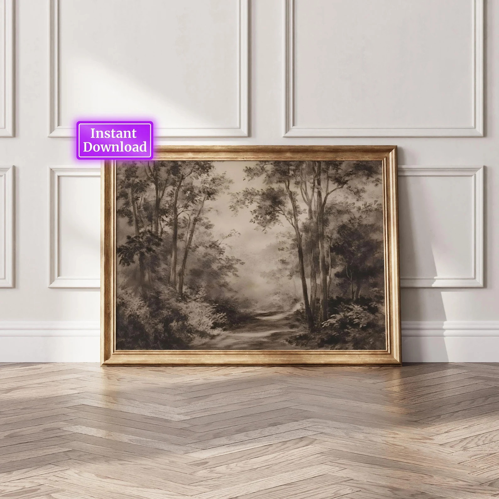 Antique Moody Charcoal Landscape Print Brown Landscape Painting Printable Wall Art Vintage-Decora... | Etsy (US)